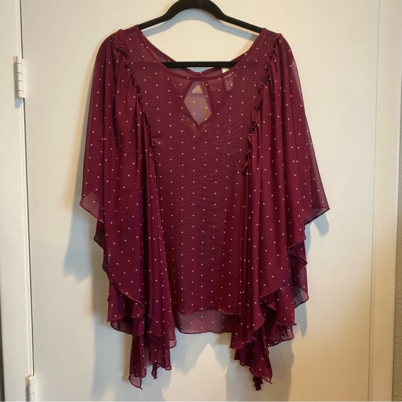 Flowy Burgundy Sheer Polka Dot Top - Picture 1 of 4